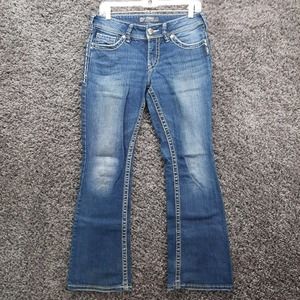 Silver Jeans Women 28x30 Blue Boot Suki Surplus Stretch Flap Pocket Embroidered